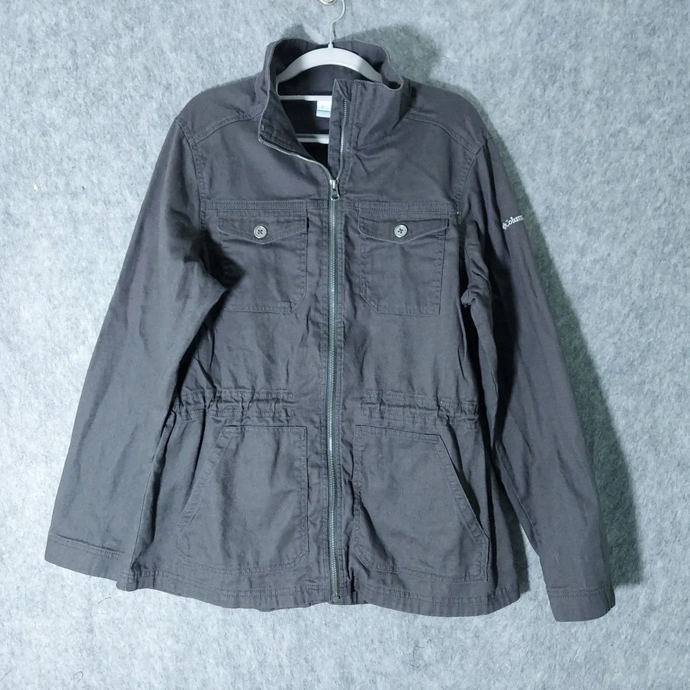 Columbia Women Jacket XL Grey‎ Hemp Cotton Utility Field Cinched Waist Zip Front