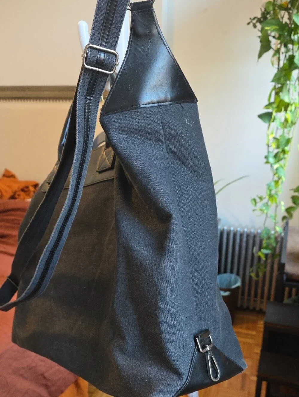 Large Black Canvas Weekender Bag with Leather Trim