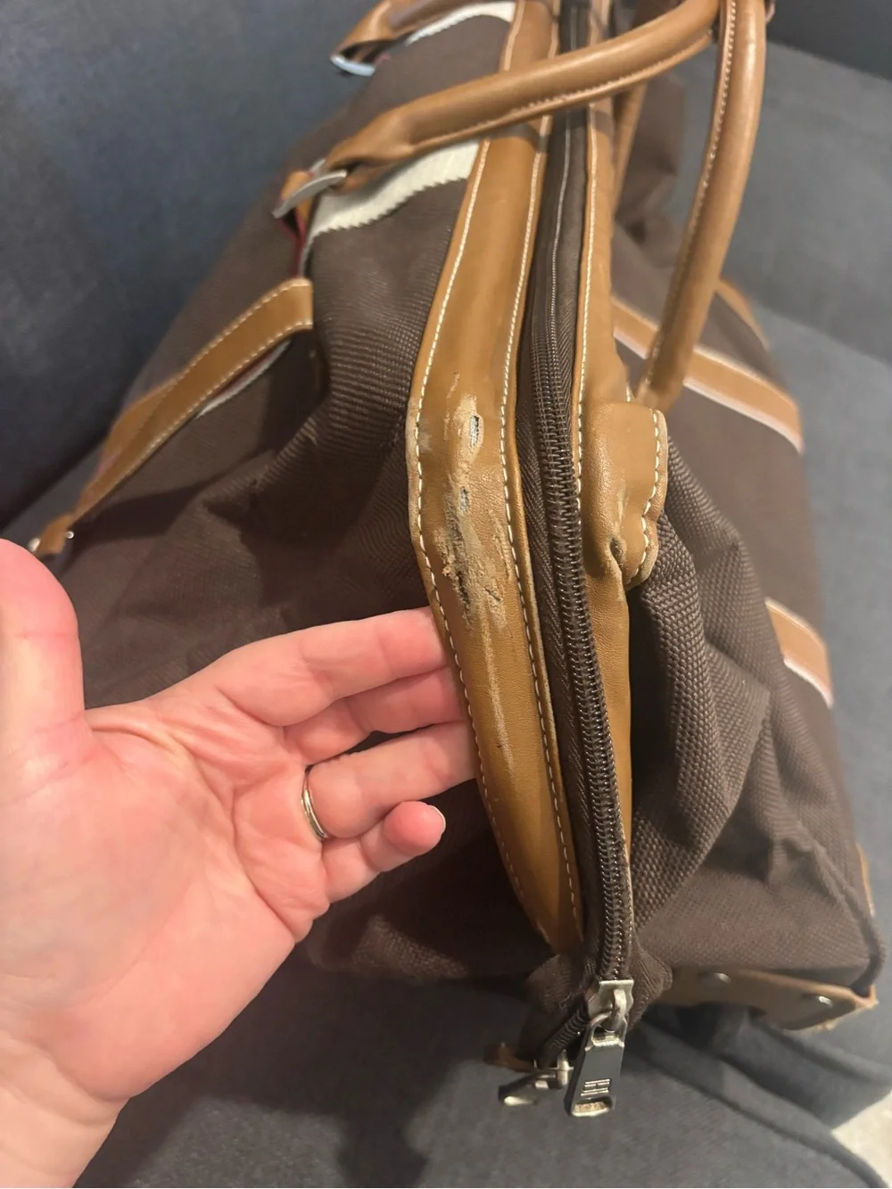 Tommy Hilfiger Brown Canvas Duffel with Tan Leather Trim