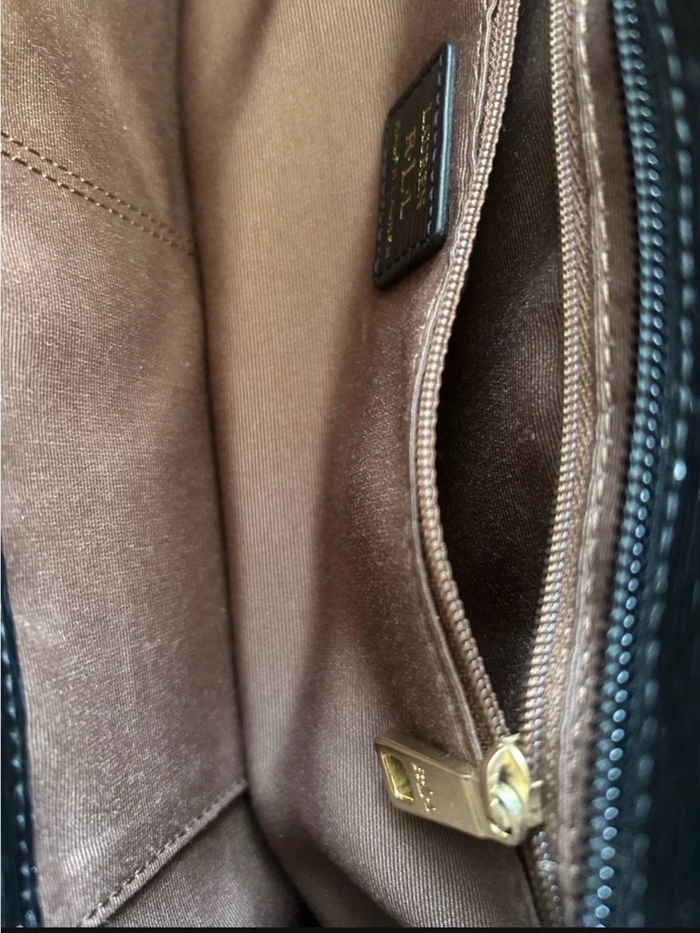 Ralph Lauren Black Leather Tote with Front Pocket and Gold Accent