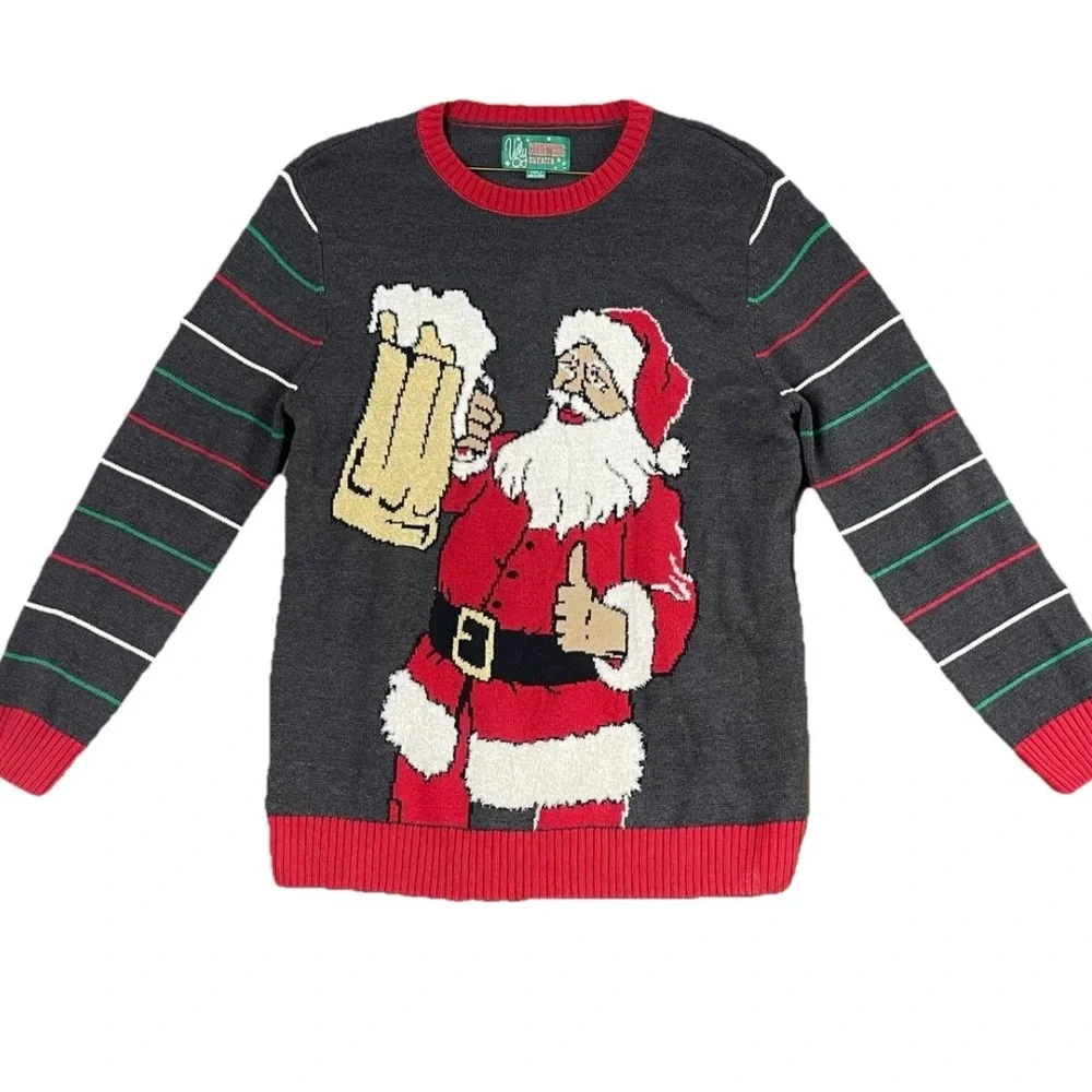 Santa Claus Draft Beer‎ Drinking Ugly Christmas Sweater Cheers Men's XL Holiday