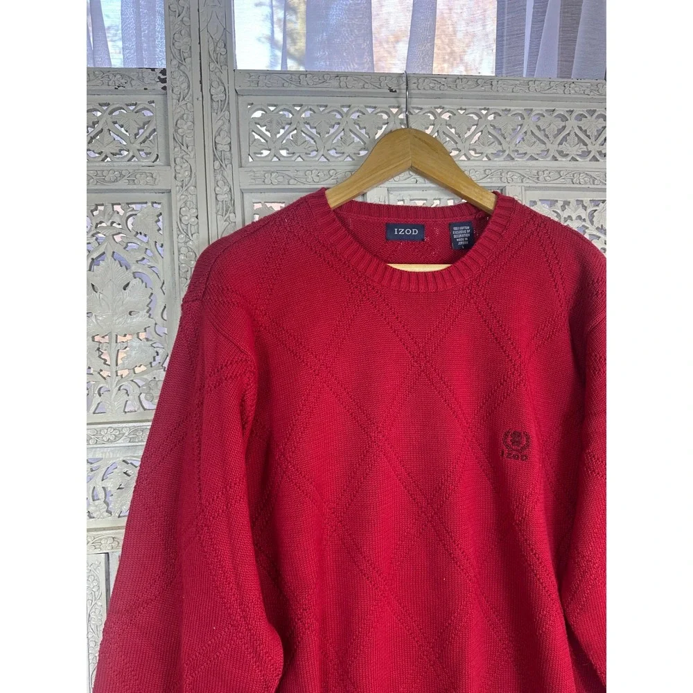 IZOD Red Diamond Argyle Chunky Crewneck Long Sleeve Grandpa Sweater Sz Large‎