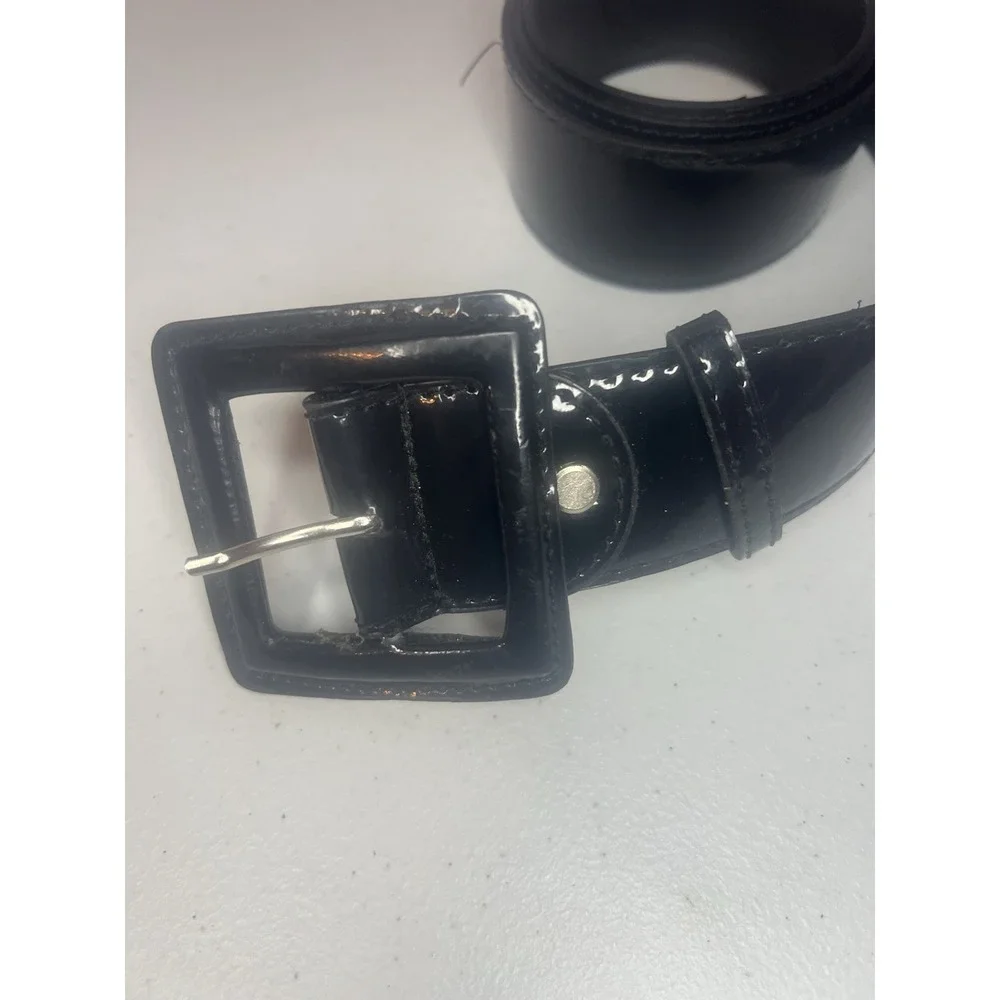 Vintage Womens Thick Black Shiny Patent Wide Belt Size Large Retro Square Buckle