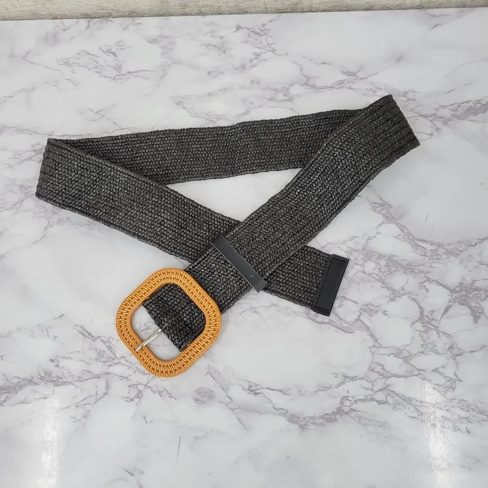 Black Woven Stretch Belt with Tan Buckle