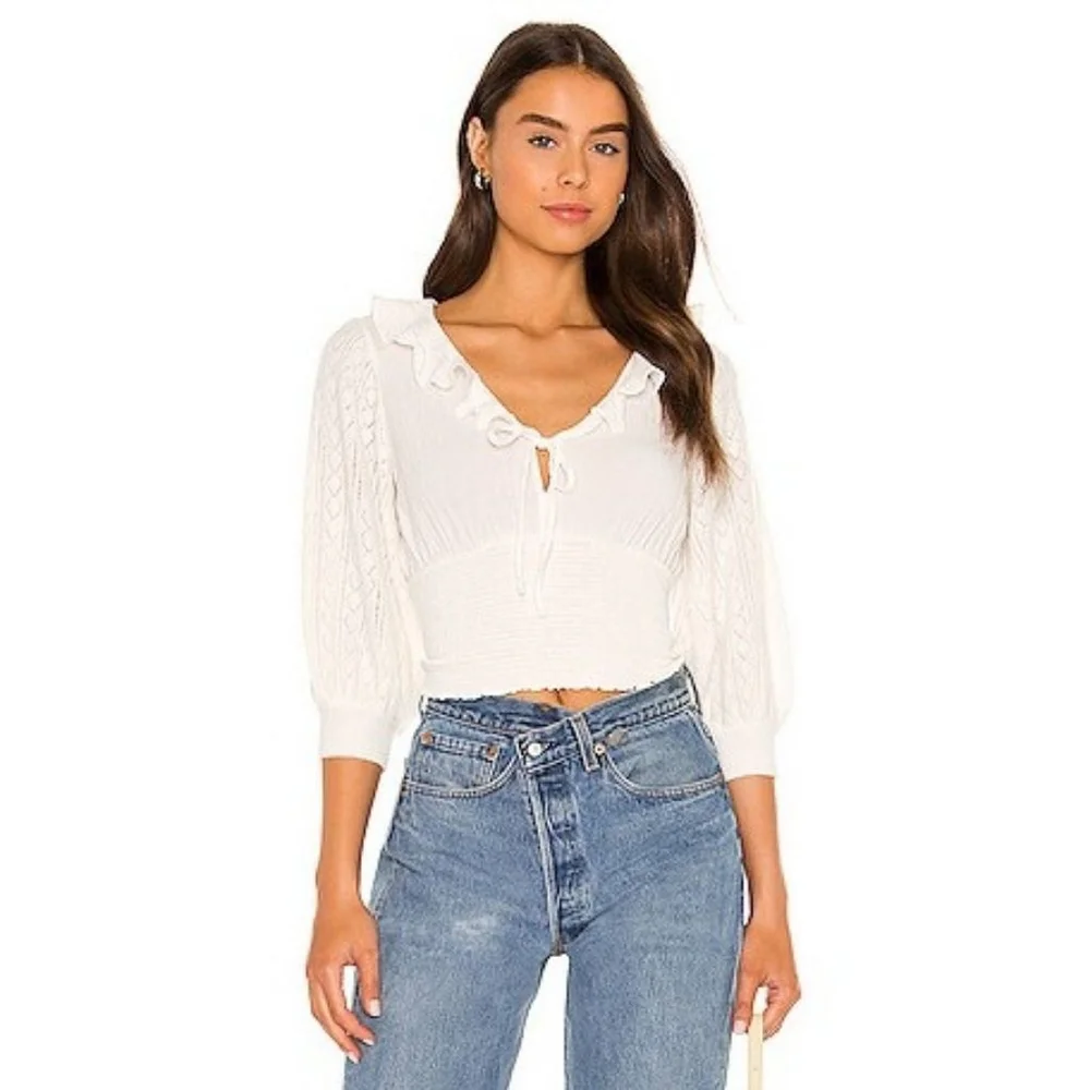 Free People Billie Sweater Top ivory white ruffle smocked peasant women's medium