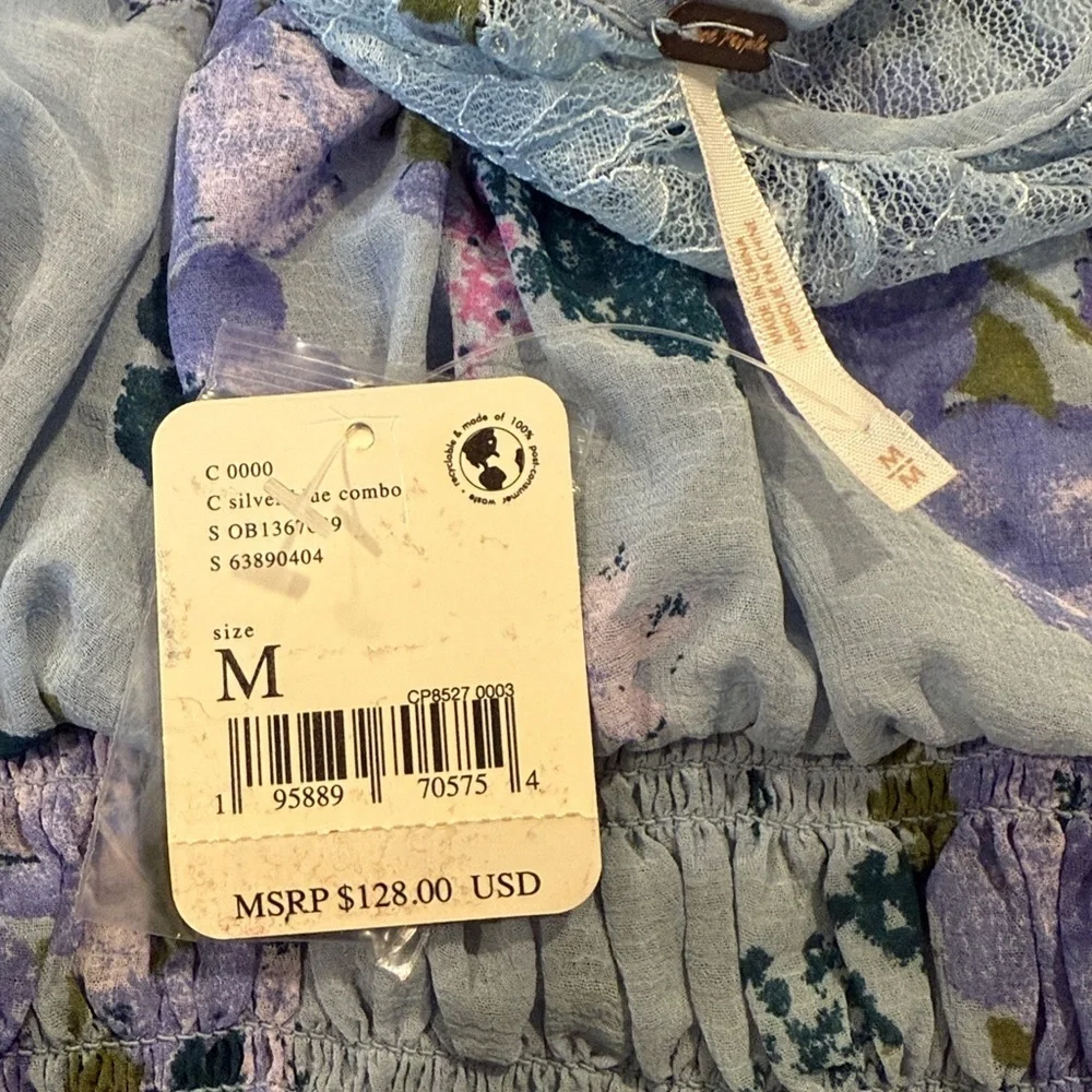 Free People Daphne Smocked Waist Cropped Smocked Waist Dusty Blue Floral Top S
