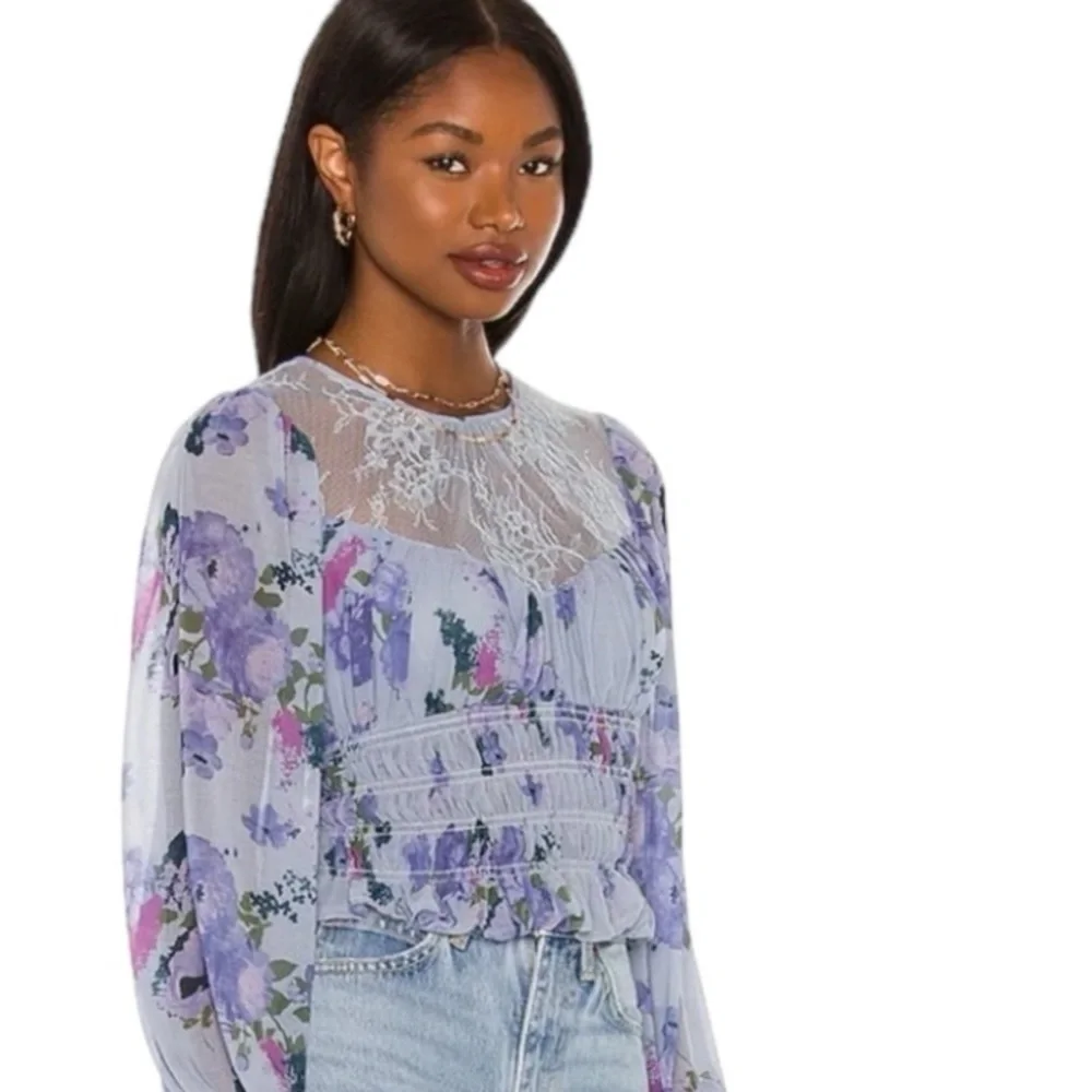 Free People Daphne Smocked Waist Cropped Smocked Waist Dusty Blue Floral Top S