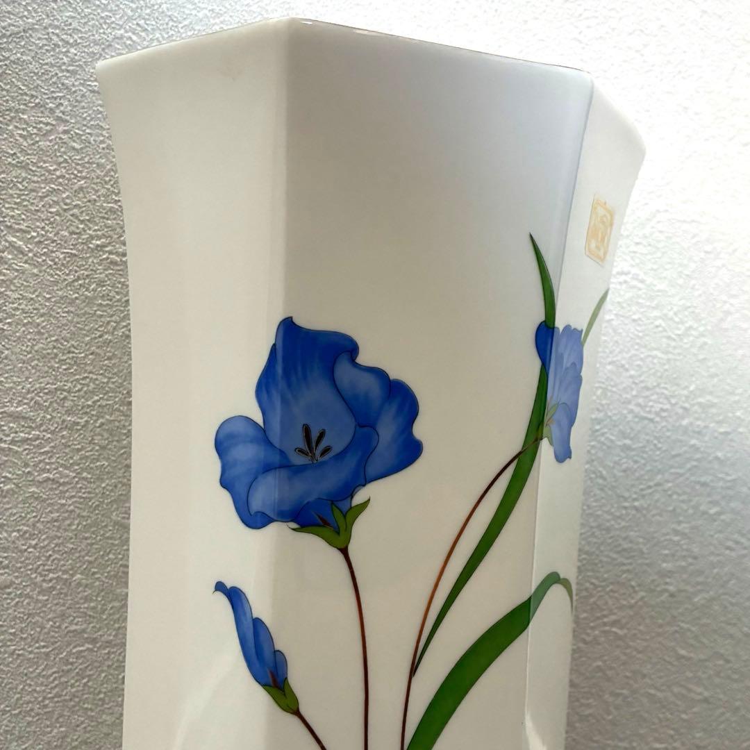 【Unused】YAMAJI Masamine Kiln Vase Blue Floral Hexagonal Mino Ware Style