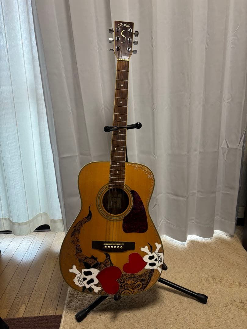 S.Yairi Acoustic Guitar Custom Painted Skull & Heart Design